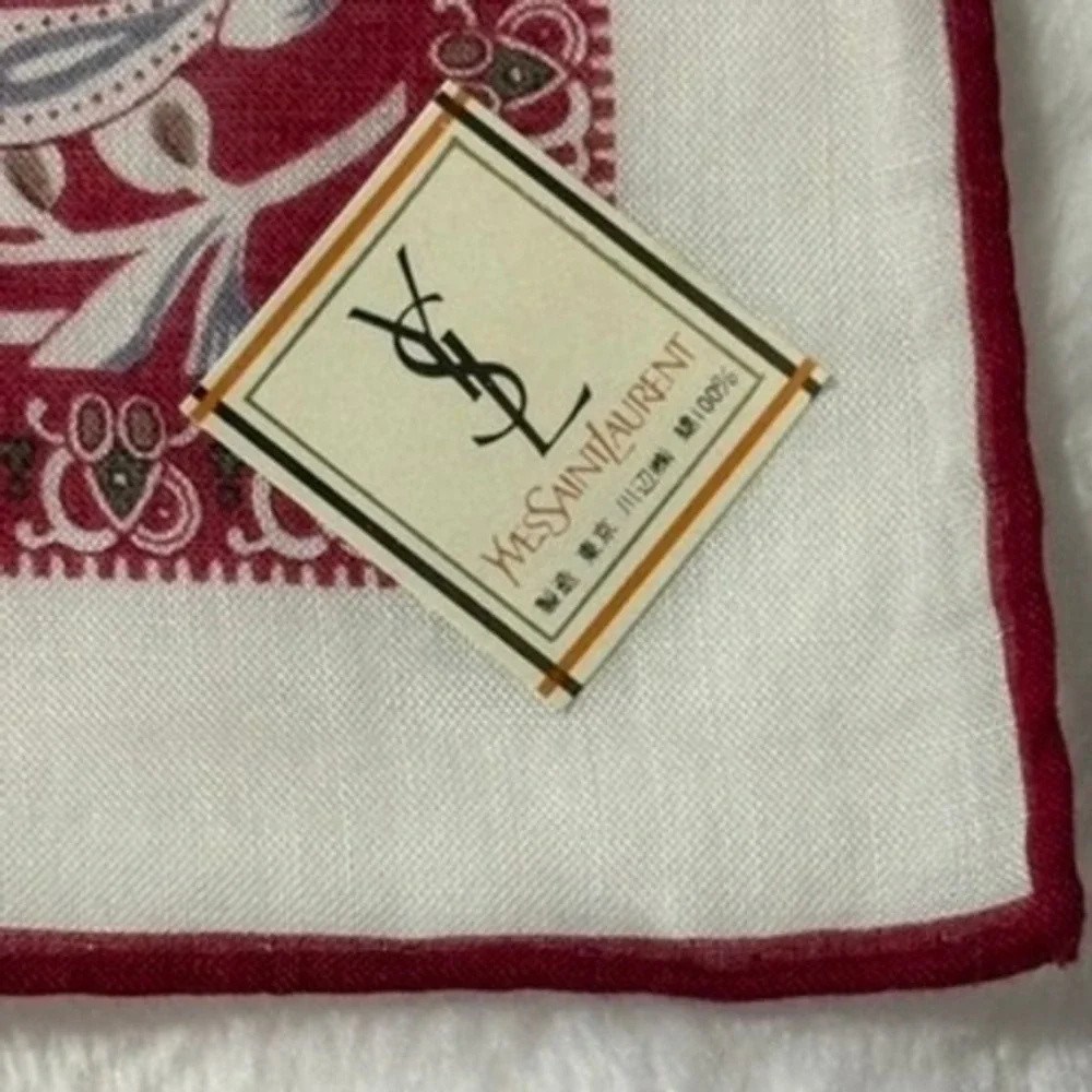 Vtg YVES SAINT LAURENT Scarf Handkerchief Floral Cotton Burgundy Red 18